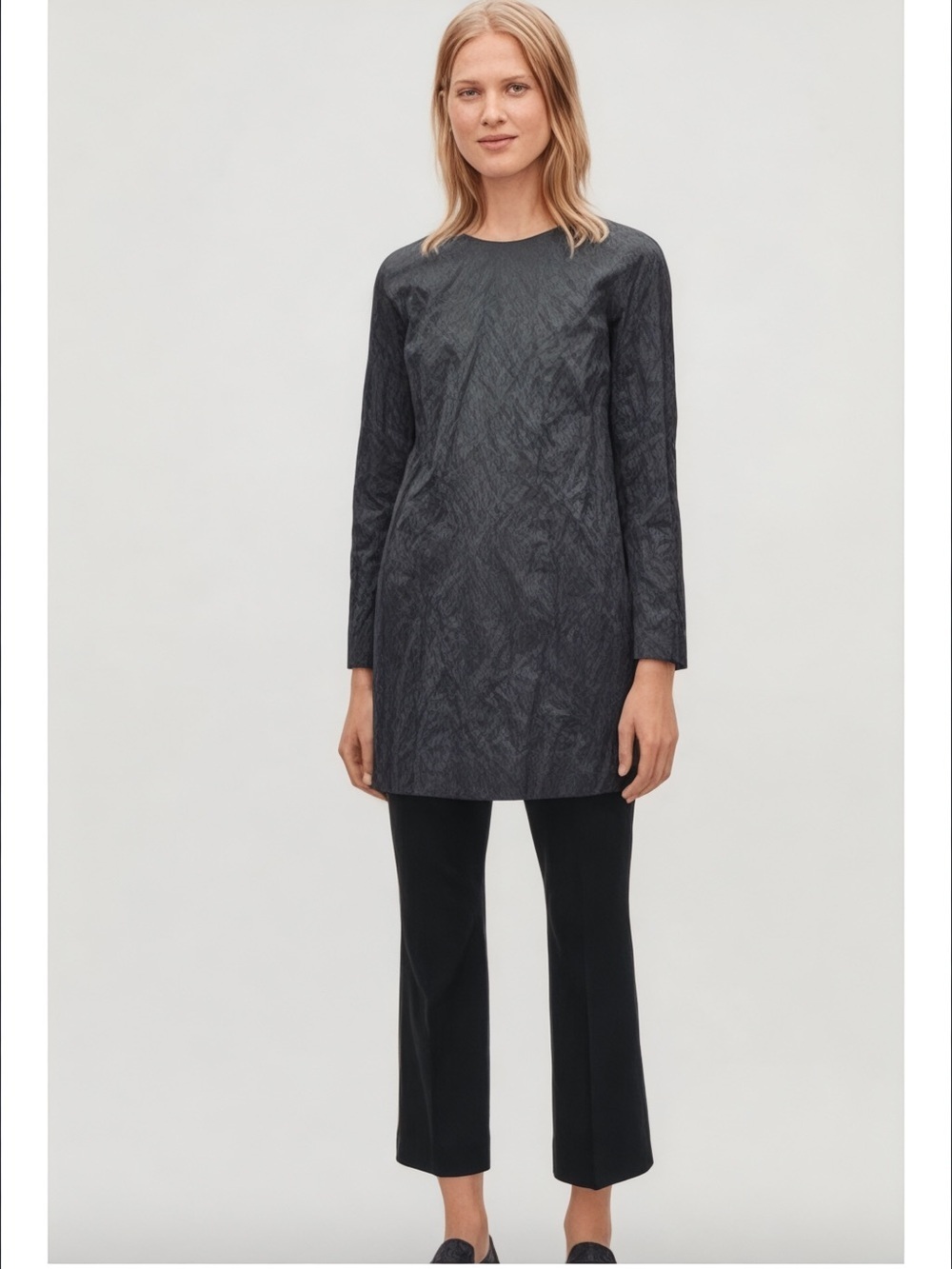 COS Charcoal Gray Metallic Crinkle Mini Shift Dress US 12 Long Sleeve Pockets